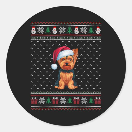 Yorkshire Terriër met Santa Hat Ugly Xmas Dog Ronde Sticker (Voorkant)