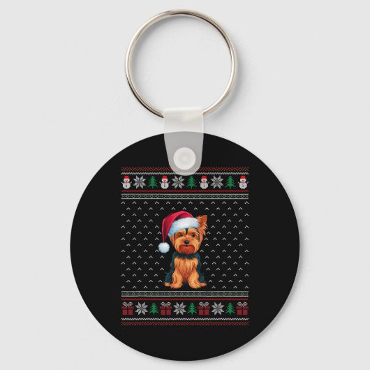 Yorkshire Terriër met Santa Hat Ugly Xmas Dog Sleutelhanger (Voorkant)
