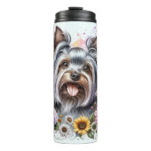 Yorkshire Terriër met zonnebloemen en bloesems Thermosbeker (Voorkant)