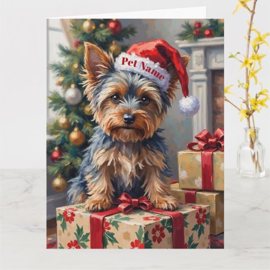 Yorkshire Terrier op cadeaus met kerstmuts Kaart (Gele Bloem)