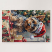 Yorkshire Terrier op cadeaus met kerstmuts Legpuzzel (Horizontaal)