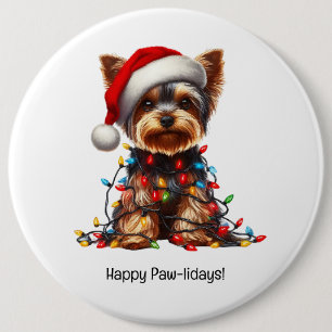 Yorkshire Terrier Op Kerstmanhoed en Kerstverlicht Ronde Button 6,0 Cm