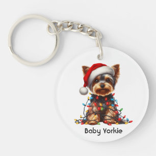Yorkshire Terrier Op Kerstmannenhoed en Kerstverli Sleutelhanger