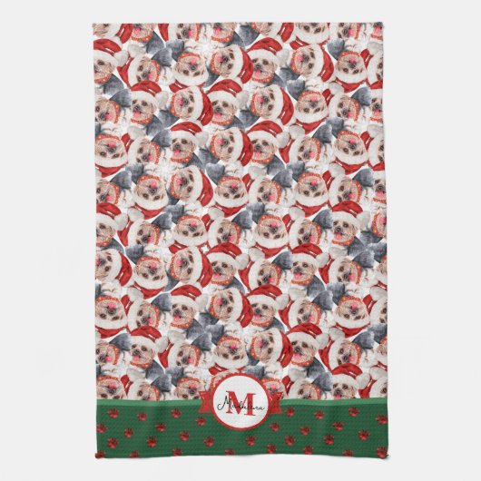 Yorkshire Terrier Pattern Monogram Kersthond Theedoek (Verticaal)