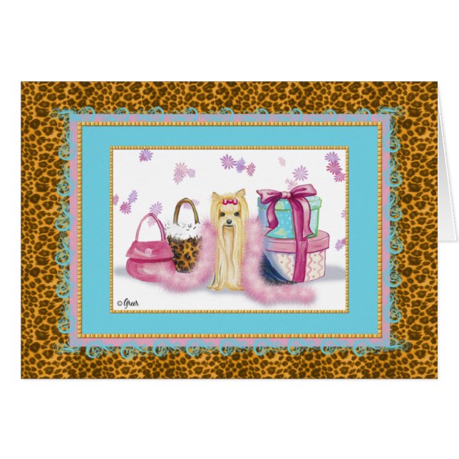 Yorkshire Terrier Pink Feather Boa (Voorkant Horizontaal)