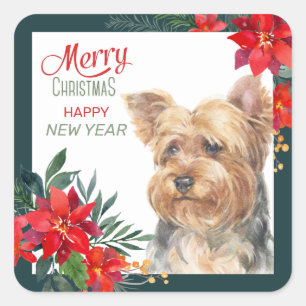 Yorkshire Terrier Poinsettia Border Vierkante Sticker