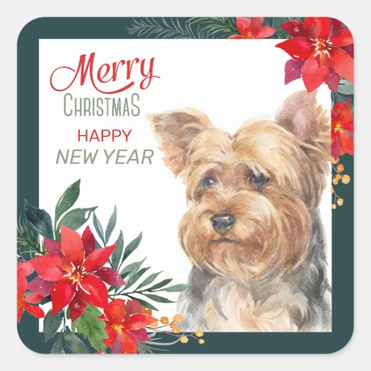 Yorkshire Terrier Poinsettia Border Vierkante Sticker (Voorkant)