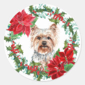 Yorkshire Terrier Poinsettia Holly Vakantiekrans Ronde Sticker (Voorkant)