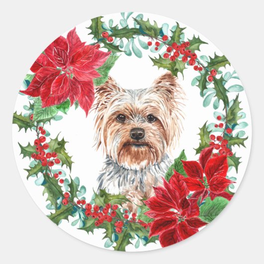 Yorkshire Terrier Poinsettia Holly Vakantiekrans Ronde Sticker (Voorkant)