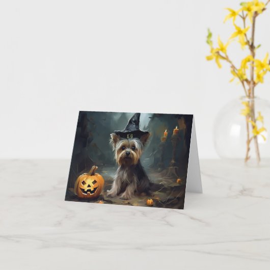 Yorkshire Terrier pompoenen Halloween eng Kaart (Gele Bloem)