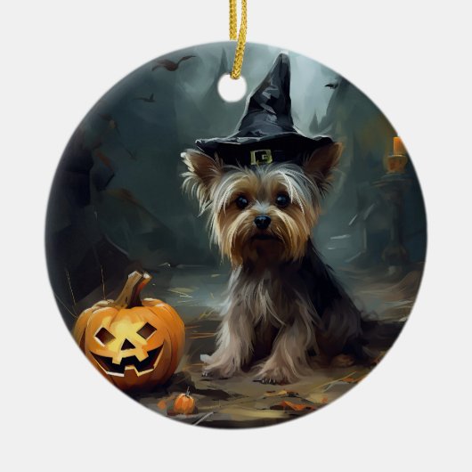 Yorkshire Terrier pompoenen Halloween eng Keramisch Ornament (Voorkant)