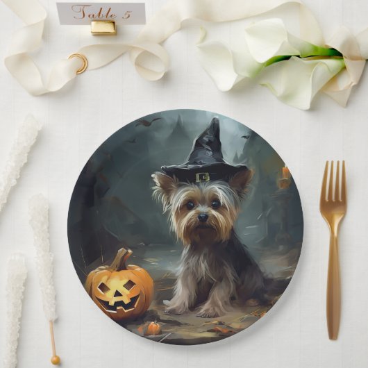 Yorkshire Terrier pompoenen Halloween eng Papieren Bordje (Huwelijk)