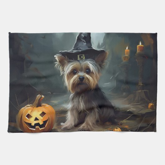 Yorkshire Terrier pompoenen Halloween eng Theedoek (Horizontaal)