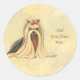 Yorkshire Terrier Portrait in Beige w Script Ronde Sticker