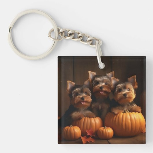 Yorkshire Terrier Pup Autumn Delight Pompoen Sleutelhanger (Voorkant)