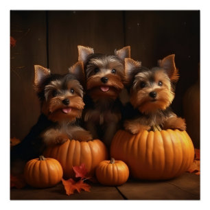 Yorkshire Terrier Pup Autumn Delight Pumpkin Perfect Poster