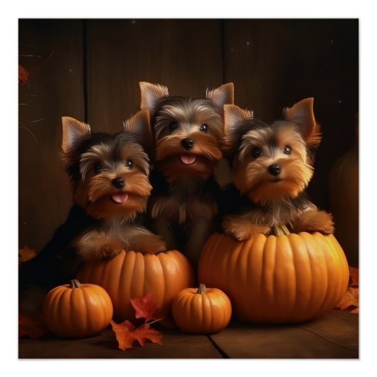 Yorkshire Terrier Pup Autumn Delight Pumpkin Perfect Poster (Voorkant)