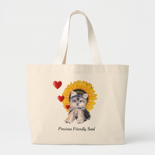 Yorkshire Terrier puppy dog, hearts & sunflower Grote Tote Bag (Voorkant)