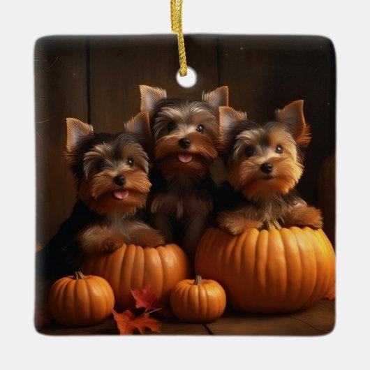 Yorkshire Terrier Puppy Herfst Delight Pompoen Keramisch Ornament (Voorkant)