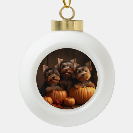 Yorkshire Terrier Puppy Herfst Delight Pompoen Keramische Bal Ornament (Voorkant)