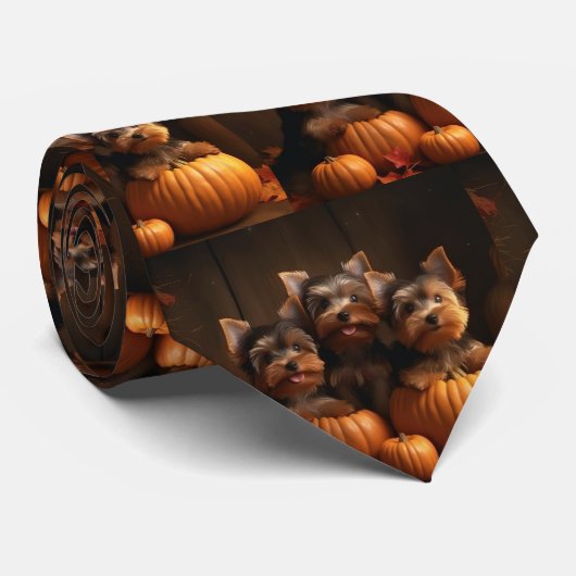 Yorkshire Terrier Puppy Herfst Delight Pompoen Stropdas (Opgerold)