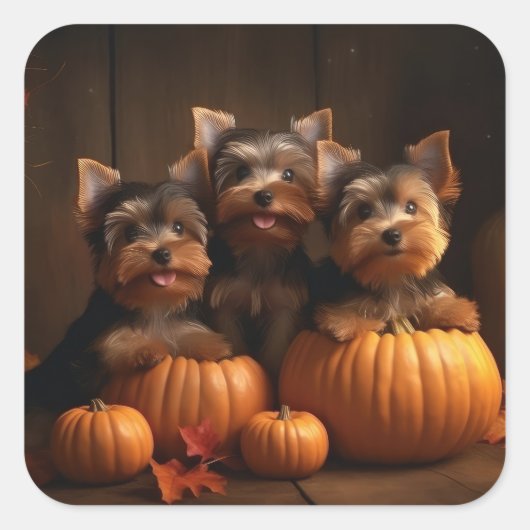 Yorkshire Terrier Puppy Herfst Delight Pompoen Vierkante Sticker (Voorkant)