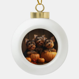 Yorkshire Terrier Puppy Herfst Plezier Pompoen  Keramische Bal Ornament