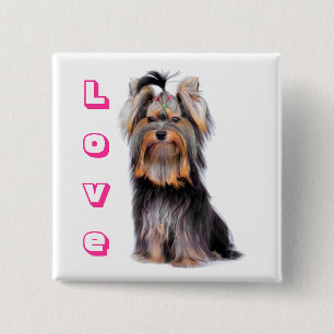 Yorkshire Terrier Puppy Hond Roze Liefde Yorkie Vierkante Button 5,1 Cm