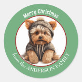 Yorkshire Terrier Puppy in Winter Hoodie Kerstmis Ronde Sticker (Voorkant)