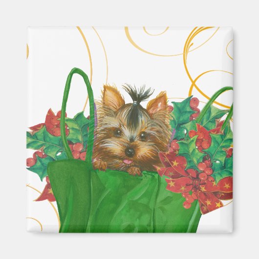 Yorkshire Terrier Puppy Kerstgroet Magneet (Voorkant)