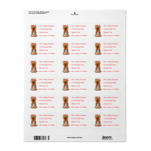 Yorkshire Terrier Puppy Naam Adres Mailing Label (Full Sheet)