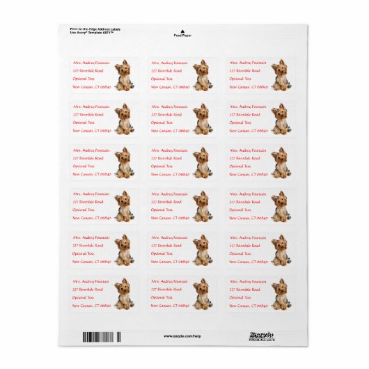 Yorkshire Terrier Puppy Naam Adres Mailing Label (Full Sheet)
