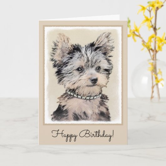 Yorkshire Terrier Puppy Painting Original Dog Art Kaart (Gele Bloem)