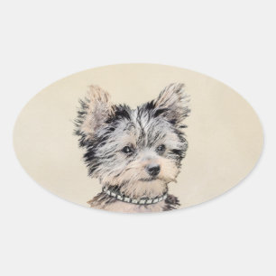 Yorkshire Terrier Puppy Painting Original Dog Art Ovale Sticker