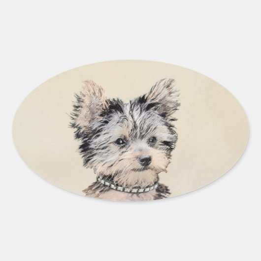 Yorkshire Terrier Puppy Painting Original Dog Art Ovale Sticker (Voorkant)