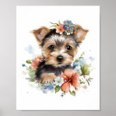 Yorkshire Terrier Puppy Pet Waterverf Flower Poster (Voorkant)