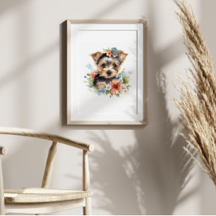 Yorkshire Terrier Puppy Pet Waterverf Flower Poster