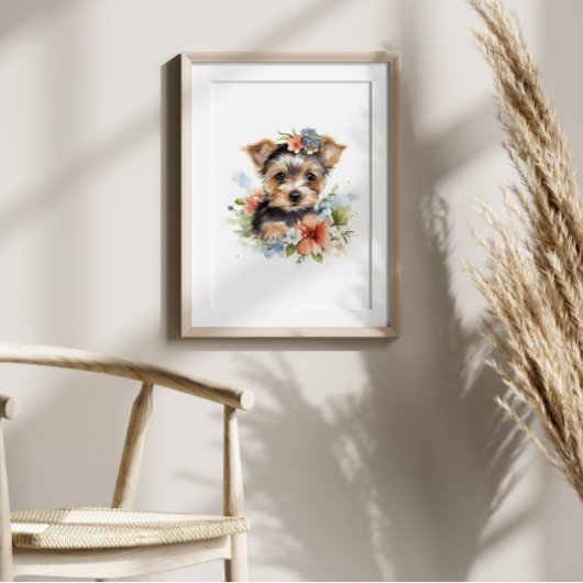 Yorkshire Terrier Puppy Pet Waterverf Flower Poster