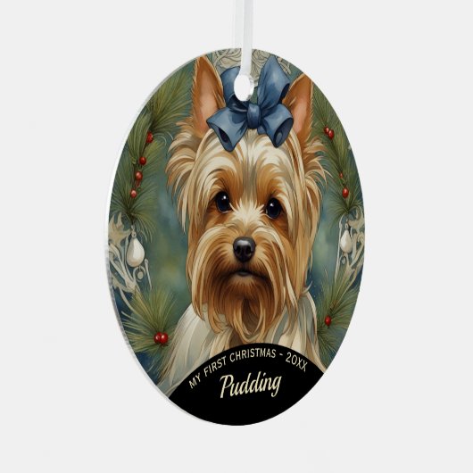 Yorkshire Terrier Puppy's Eerste Kerst Ornament (Voorkant Rechts)