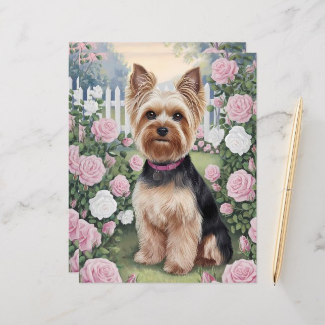 Yorkshire Terrier Roos Garden Art Scrapbook Paper (Voorkant / Achterkant in situ)