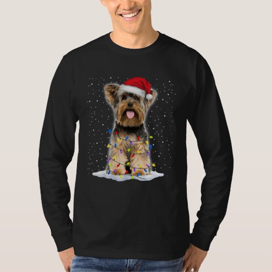 Yorkshire terrier Santa Christmas Tree Lights Xmas T-shirt (Voorkant)