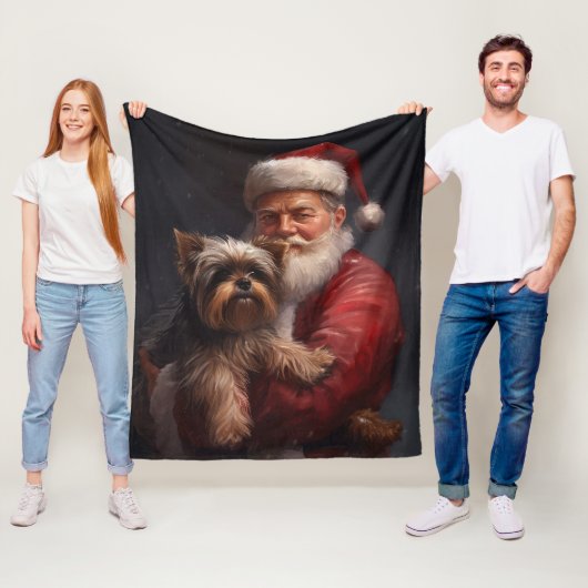 Yorkshire Terrier Santa Claus Feestelijke Kerstmis Fleece Deken (In situ)
