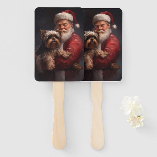 Yorkshire Terrier Santa Claus Feestelijke Kerstmis Handwaaier (Voorkant en achterkant)