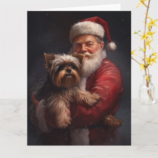 Yorkshire Terrier Santa Claus Feestelijke Kerstmis Kaart (Gele Bloem)