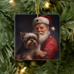 Yorkshire Terrier Santa Claus Feestelijke Kerstmis Keramisch Ornament