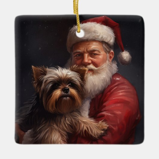 Yorkshire Terrier Santa Claus Feestelijke Kerstmis Keramisch Ornament (Voorkant)