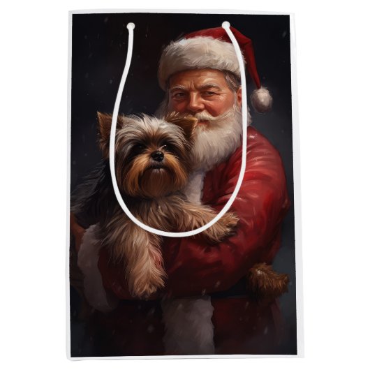 Yorkshire Terrier Santa Claus Feestelijke Kerstmis Medium Cadeauzakje (Voorkant)