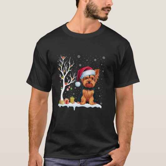 Yorkshire Terrier Santa Hat Feestelijke Boomlamp X T-shirt (Voorkant)