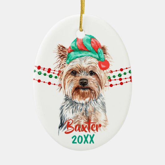 Yorkshire Terrier Santa Hat Holiday String Beads Keramisch Ornament (Voorkant)