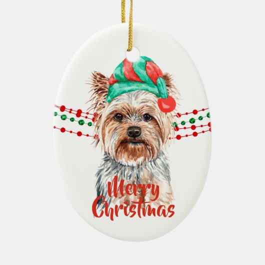 Yorkshire Terrier Santa Hat Holiday String Beads Keramisch Ornament (Achterkant)